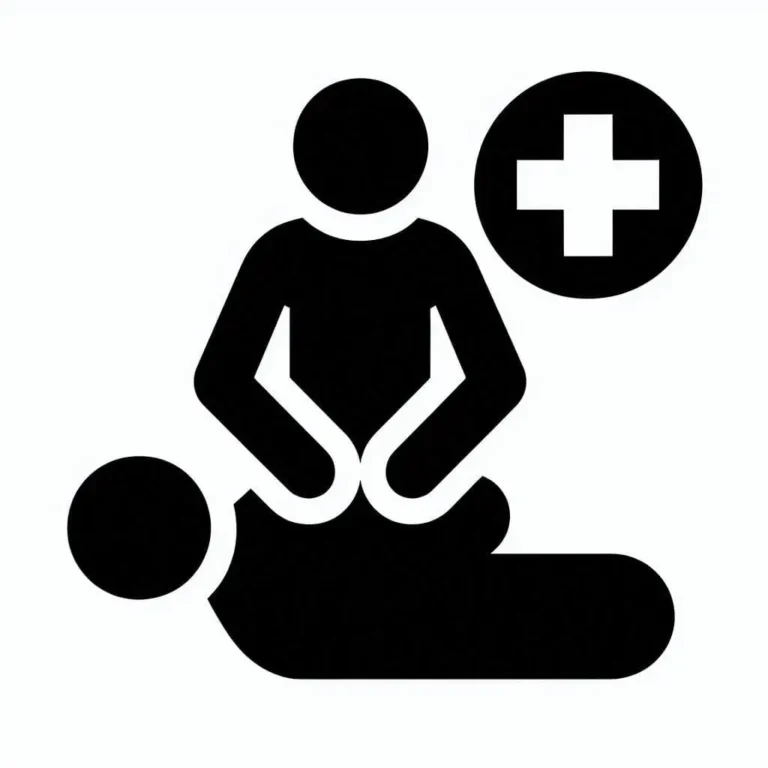 Jedna osoba poskytuje druhé srdeční masáž. Piktogram pro akreditovaný kurz "První pomoc pro pracovníky přímé péče."