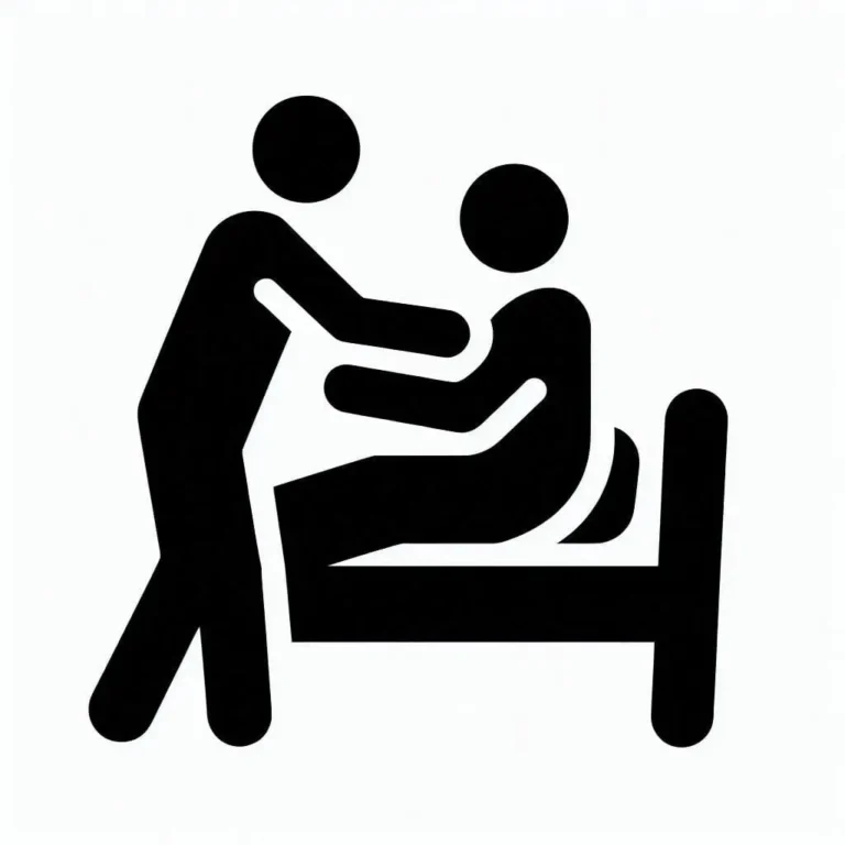 Jedna postava pomáhá druhé zvednout se z postele. Piktogram pro akreditovaný kurz "Terapie s pohybem. Techniky a principy přesunů a spolupráce s klientem při polohování."